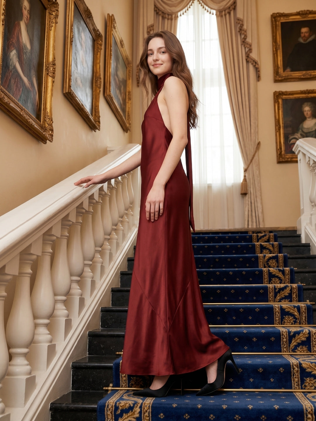 Burgundy Satin Mermaid Cowl Neck Backless Floor-Length Bridesmaid Dress with Bow - Curvevia
