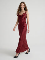 Burgundy Satin Sheath Cowl Neck Lace-up Floor-Length Bridesmaid Dress with Bow - Curvevia