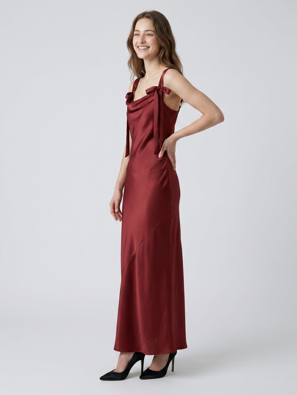 Burgundy Satin Sheath Cowl Neck Lace-up Floor-Length Bridesmaid Dress with Bow - Curvevia