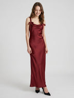 Burgundy Satin Sheath Cowl Neck Lace-up Floor-Length Bridesmaid Dress with Bow - Curvevia
