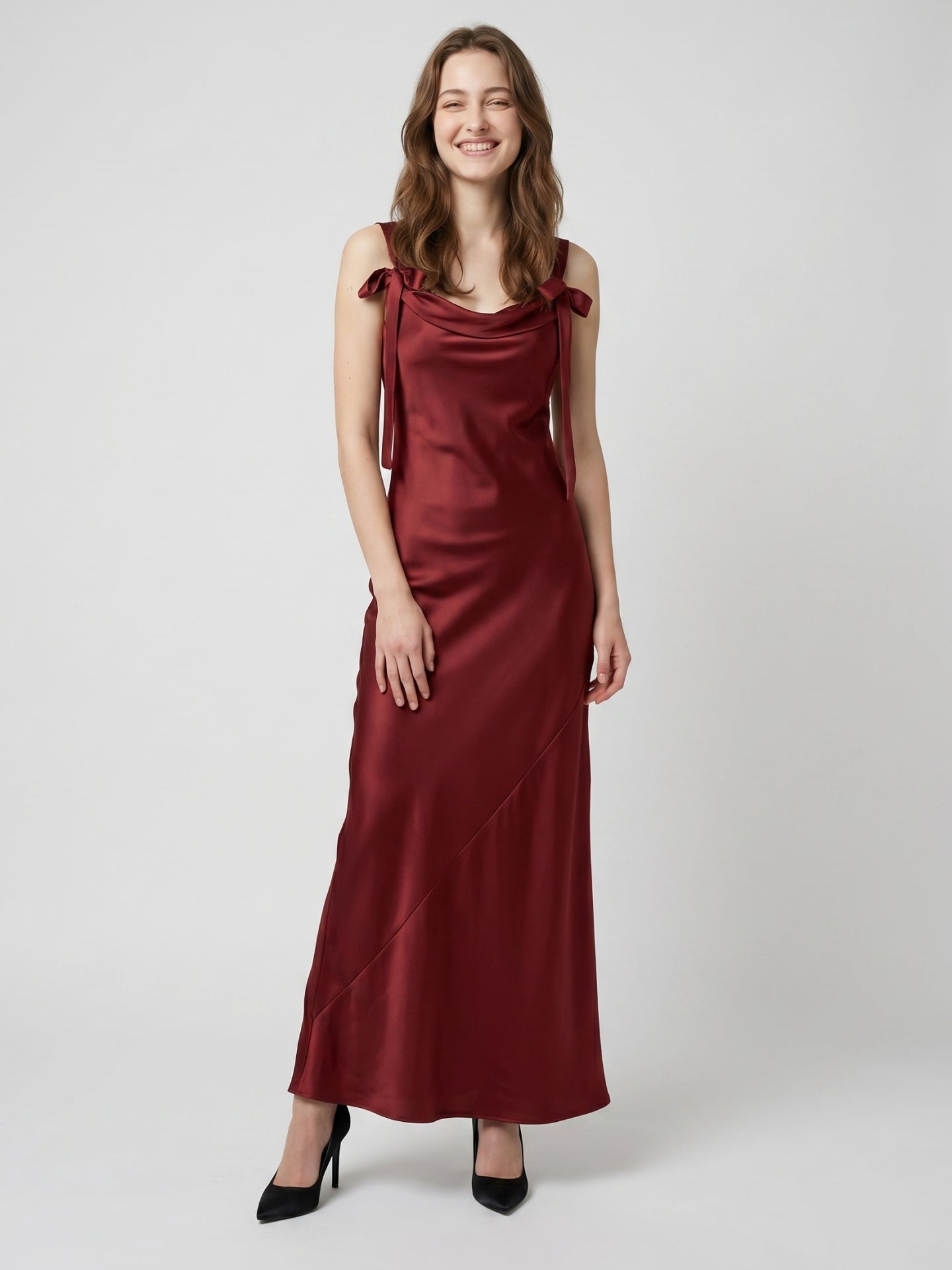 Burgundy Satin Sheath Cowl Neck Lace-up Floor-Length Bridesmaid Dress with Bow - Curvevia
