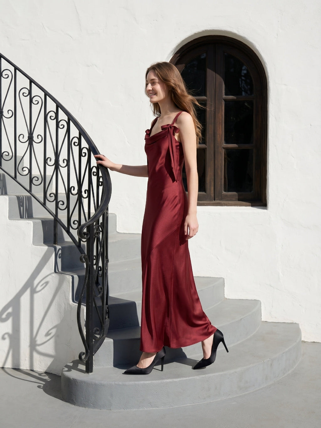 Burgundy Satin Sheath Cowl Neck Lace-up Floor-Length Bridesmaid Dress with Bow - Curvevia