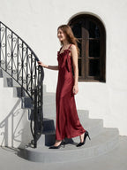 Burgundy Satin Sheath Cowl Neck Lace-up Floor-Length Bridesmaid Dress with Bow - Curvevia