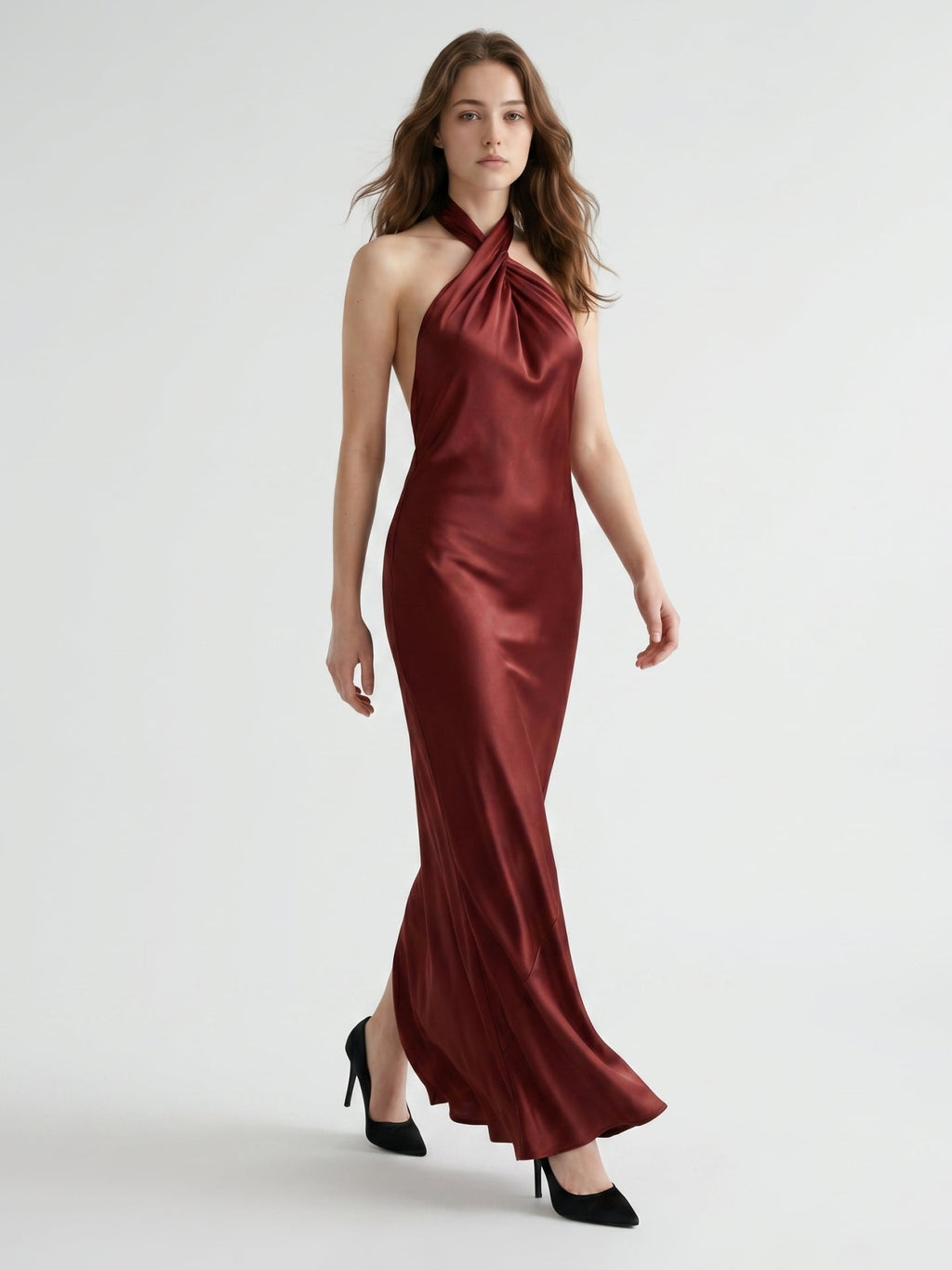 Burgundy Satin Sheath Halter Backless Floor-Length Bridesmaid Dress - Curvevia