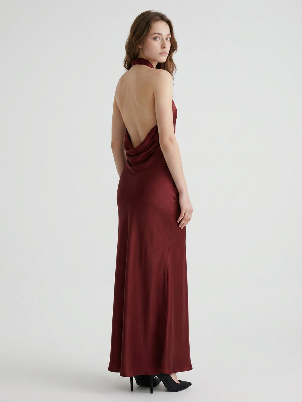 Burgundy Satin Sheath Halter Backless Floor-Length Bridesmaid Dress - Curvevia