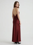 Burgundy Satin Sheath Halter Backless Floor-Length Bridesmaid Dress - Curvevia