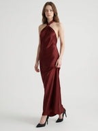 Burgundy Satin Sheath Halter Backless Floor-Length Bridesmaid Dress - Curvevia