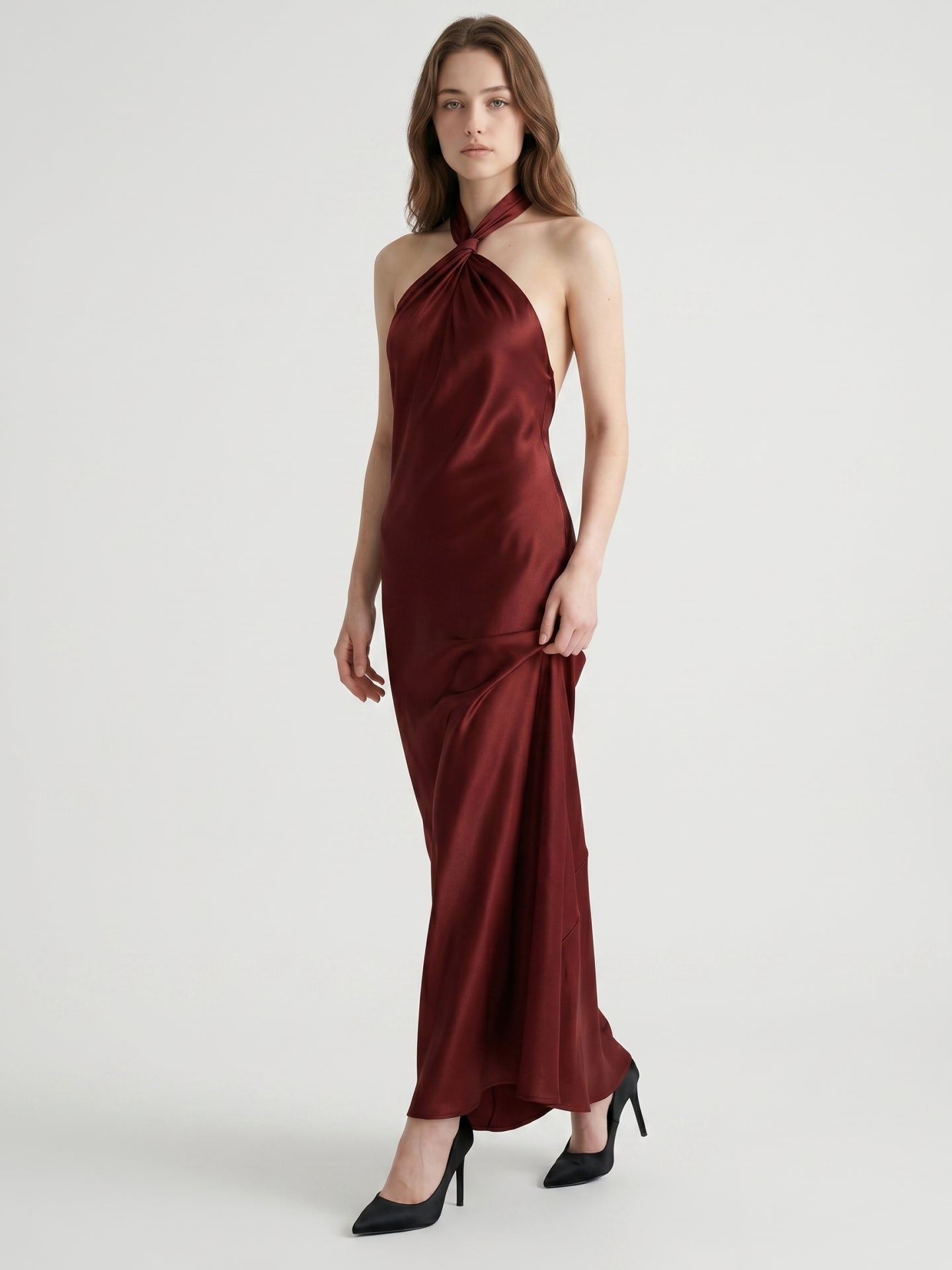 Burgundy Satin Sheath Halter Backless Floor-Length Bridesmaid Dress - Curvevia