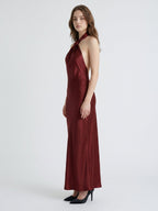 Burgundy Satin Sheath Halter Backless Floor-Length Bridesmaid Dress - Curvevia