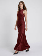 Burgundy Satin Sheath Scoop Neck Floor-Length Bridesmaid Dress with Pleats - Curvevia