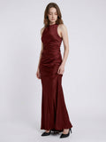 Burgundy Satin Sheath Scoop Neck Floor-Length Bridesmaid Dress with Pleats - Curvevia
