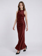 Burgundy Satin Sheath Scoop Neck Floor-Length Bridesmaid Dress with Pleats - Curvevia