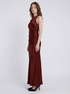 Burgundy Satin Sheath Scoop Neck Floor-Length Bridesmaid Dress with Pleats - Curvevia