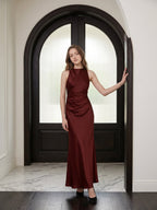 Burgundy Satin Sheath Scoop Neck Floor-Length Bridesmaid Dress with Pleats - Curvevia