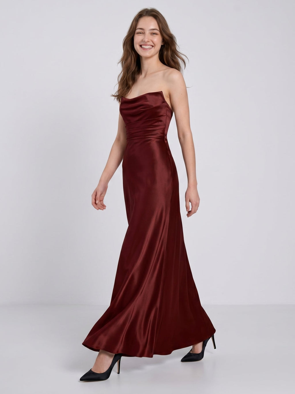 Burgundy Satin Sheath Straight Neck Backless Ankle-Length Bridesmaid Dress with Pleats - Curvevia