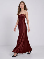 Burgundy Satin Sheath Straight Neck Backless Ankle-Length Bridesmaid Dress with Pleats - Curvevia