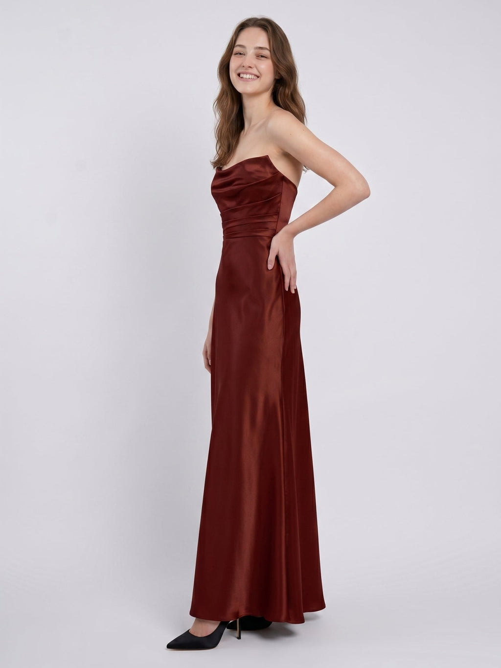Burgundy Satin Sheath Straight Neck Backless Ankle-Length Bridesmaid Dress with Pleats - Curvevia