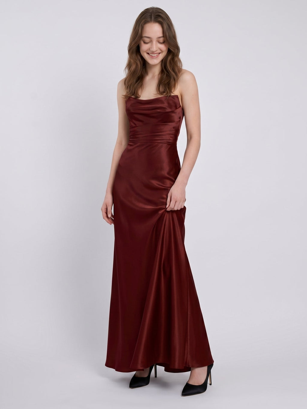 Burgundy Satin Sheath Straight Neck Backless Ankle-Length Bridesmaid Dress with Pleats - Curvevia