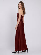 Burgundy Satin Sheath Straight Neck Backless Ankle-Length Bridesmaid Dress with Pleats - Curvevia
