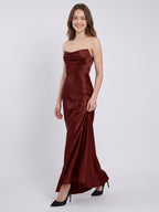Burgundy Satin Sheath Straight Neck Backless Ankle-Length Bridesmaid Dress with Pleats - Curvevia