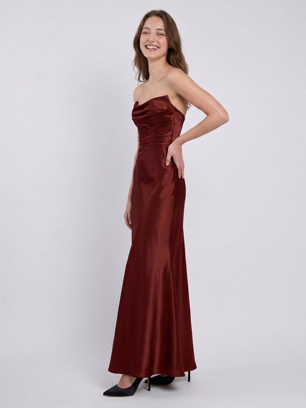 Burgundy Satin Sheath Straight Neck Backless Ankle-Length Bridesmaid Dress with Pleats - Curvevia