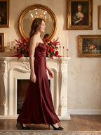 Burgundy Satin Sheath Straight Neck Backless Ankle-Length Bridesmaid Dress with Pleats - Curvevia
