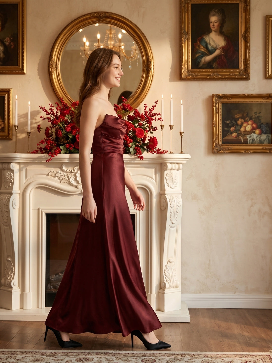 Burgundy Satin Sheath Straight Neck Backless Ankle-Length Bridesmaid Dress with Pleats - Curvevia