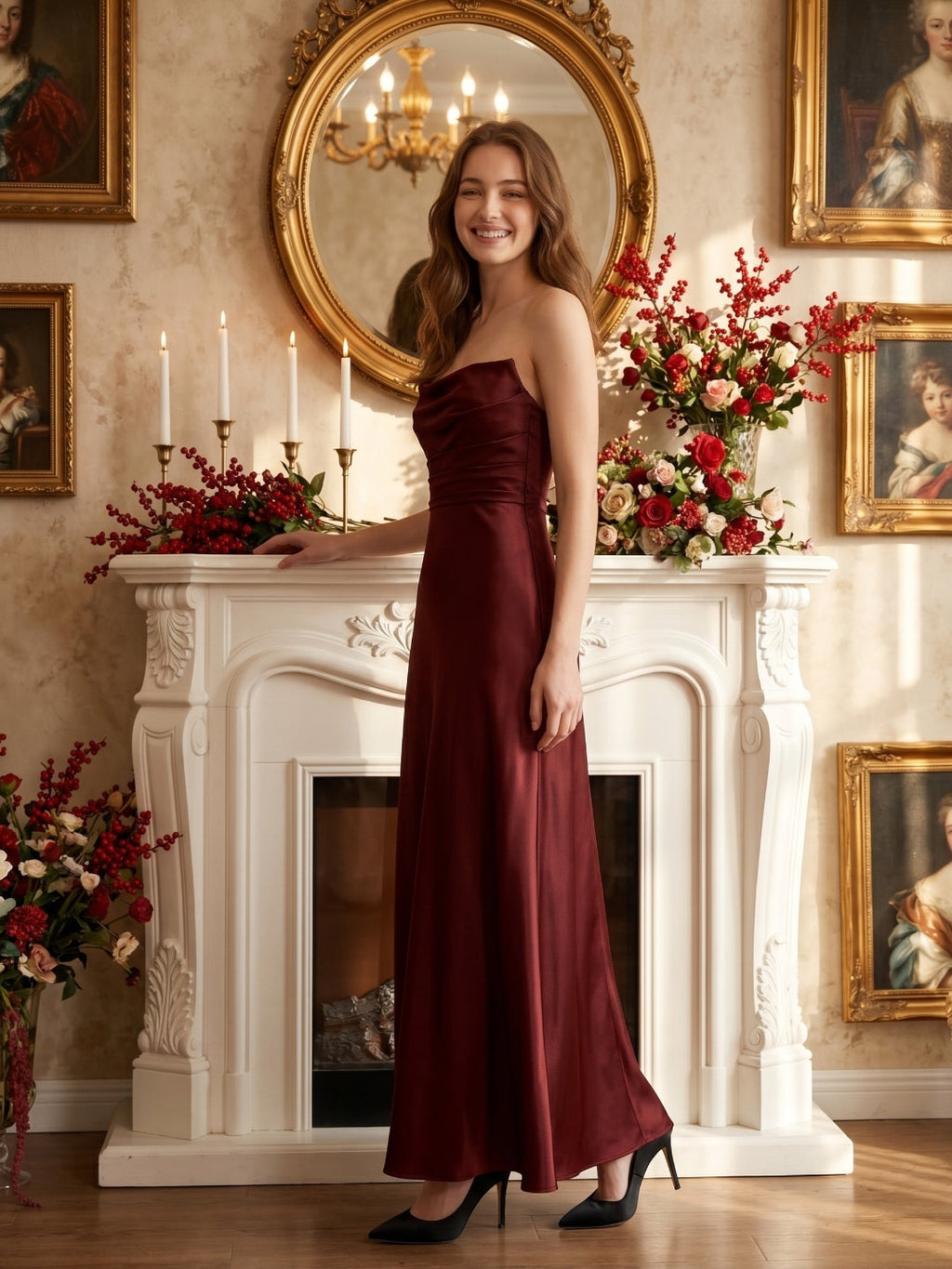 Burgundy Satin Sheath Straight Neck Backless Ankle-Length Bridesmaid Dress with Pleats - Curvevia