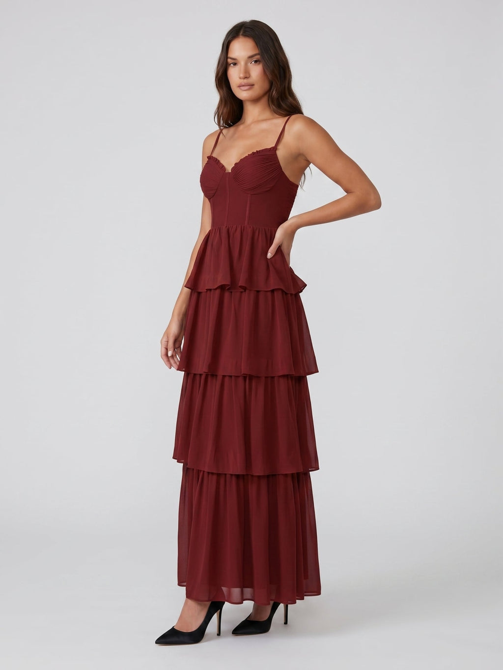 Burgundy Chiffon A-Line Sweetheart Backless Ankle-Length Bridesmaid Dress with Ruffles - Curvevia