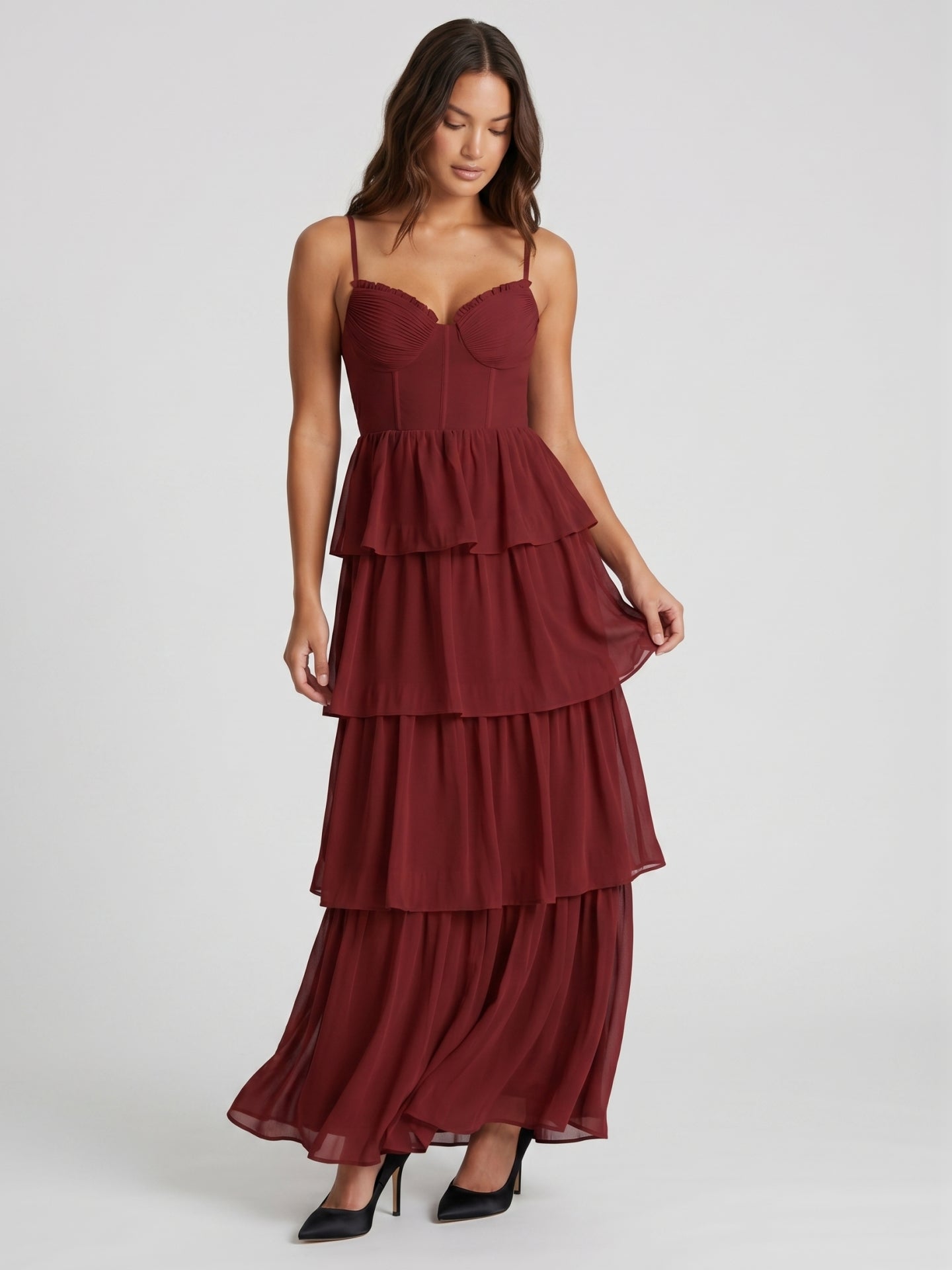 Burgundy Chiffon A-Line Sweetheart Backless Ankle-Length Bridesmaid Dress with Ruffles - Curvevia
