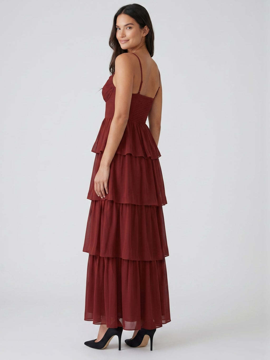 Burgundy Chiffon A-Line Sweetheart Backless Ankle-Length Bridesmaid Dress with Ruffles - Curvevia