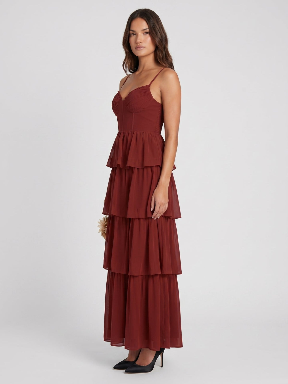 Burgundy Chiffon A-Line Sweetheart Backless Ankle-Length Bridesmaid Dress with Ruffles - Curvevia