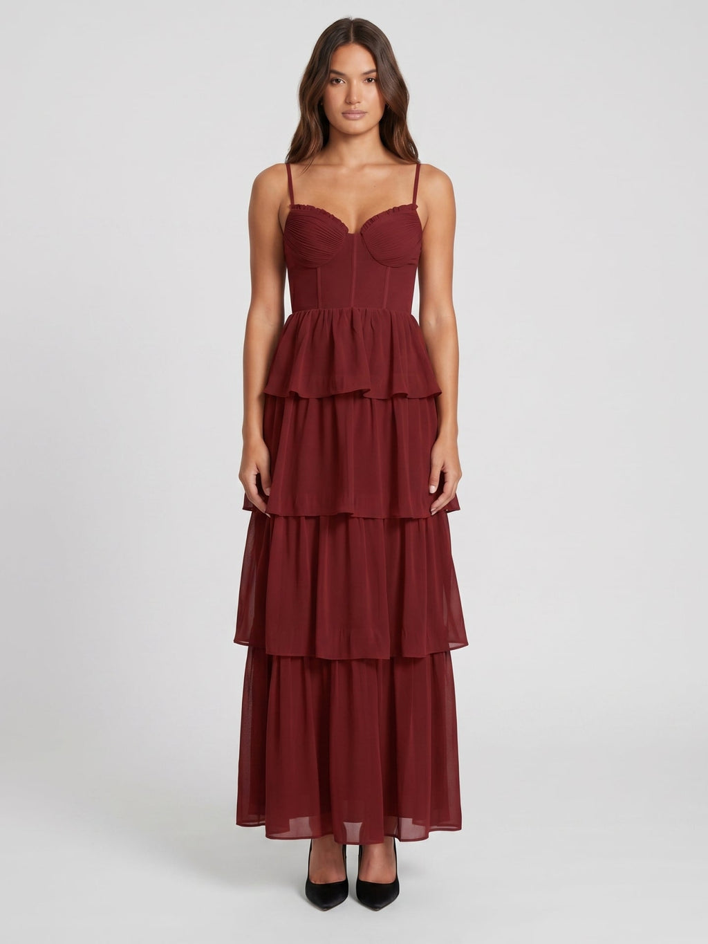 Burgundy Chiffon A-Line Sweetheart Backless Ankle-Length Bridesmaid Dress with Ruffles - Curvevia