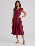 Burgundy Stretch Knit A-Line V-Neck Back Zip Tea-Length Dress with Pleating - Curvevia