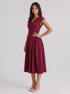 Burgundy Stretch Knit A-Line V-Neck Back Zip Tea-Length Dress with Pleating - Curvevia