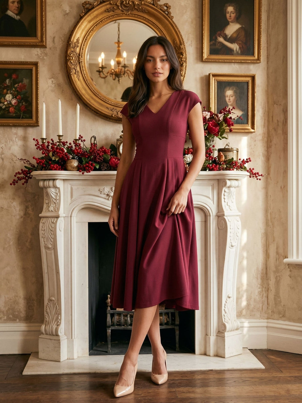 Burgundy Stretch Knit A-Line V-Neck Back Zip Tea-Length Dress with Pleating - Curvevia