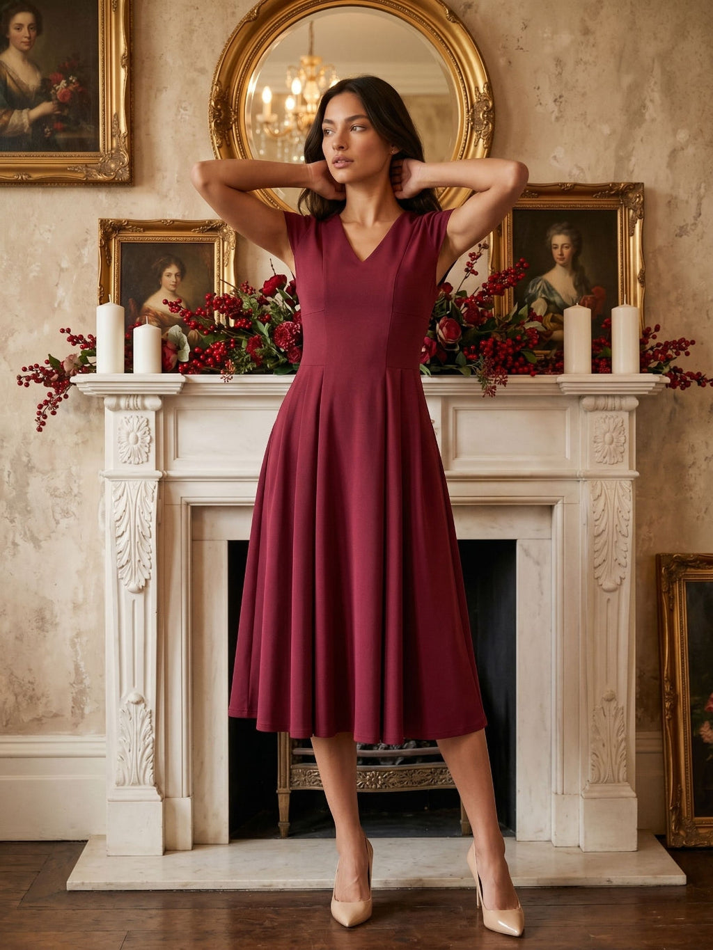 Burgundy Stretch Knit A-Line V-Neck Back Zip Tea-Length Dress with Pleating - Curvevia