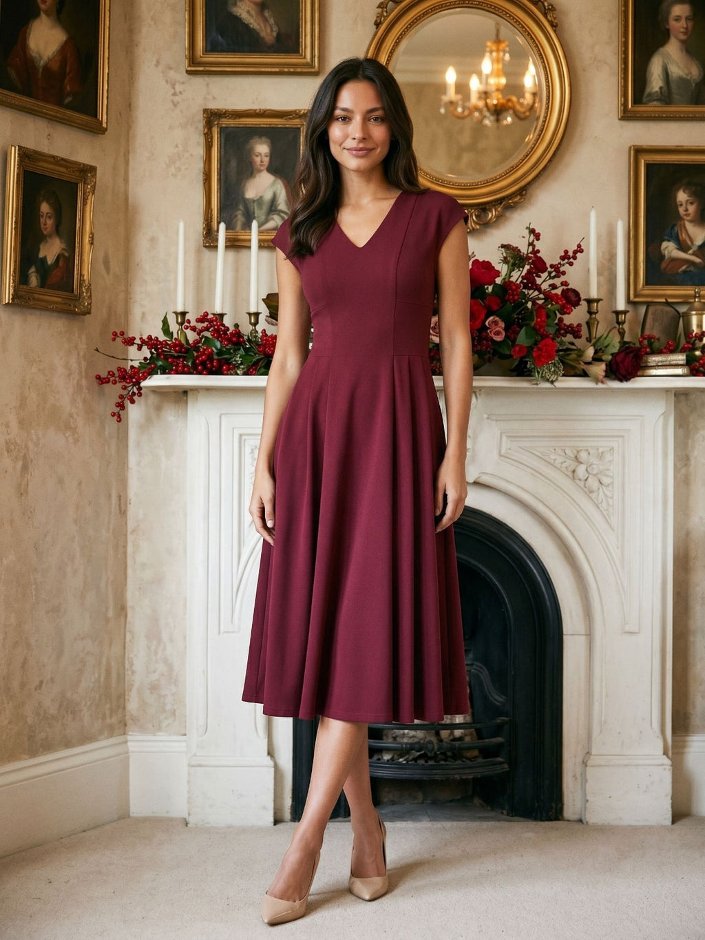 Burgundy Stretch Knit A-Line V-Neck Back Zip Tea-Length Dress with Pleating - Curvevia