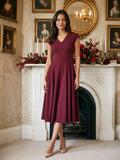 Burgundy Stretch Knit A-Line V-Neck Back Zip Tea-Length Dress with Pleating - Curvevia
