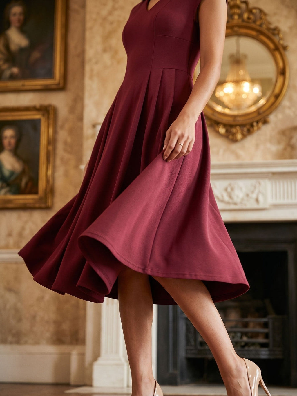 Burgundy Stretch Knit A-Line V-Neck Back Zip Tea-Length Dress with Pleating - Curvevia
