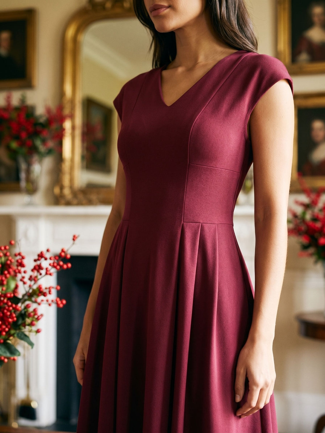 Burgundy Stretch Knit A-Line V-Neck Back Zip Tea-Length Dress with Pleating - Curvevia