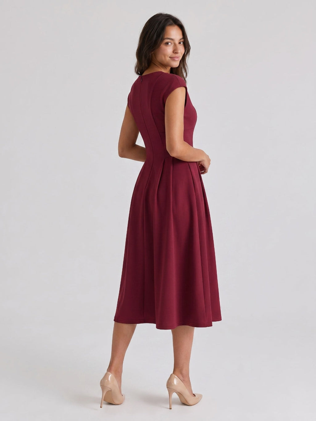 Burgundy Stretch Knit A-Line V-Neck Back Zip Tea-Length Dress with Pleating - Curvevia