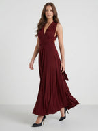 Burgundy Stretch Knit A-Line V-Neck Criss-Cross Straps Ankle Bridesmaid Dress with Pleats - Curvevia