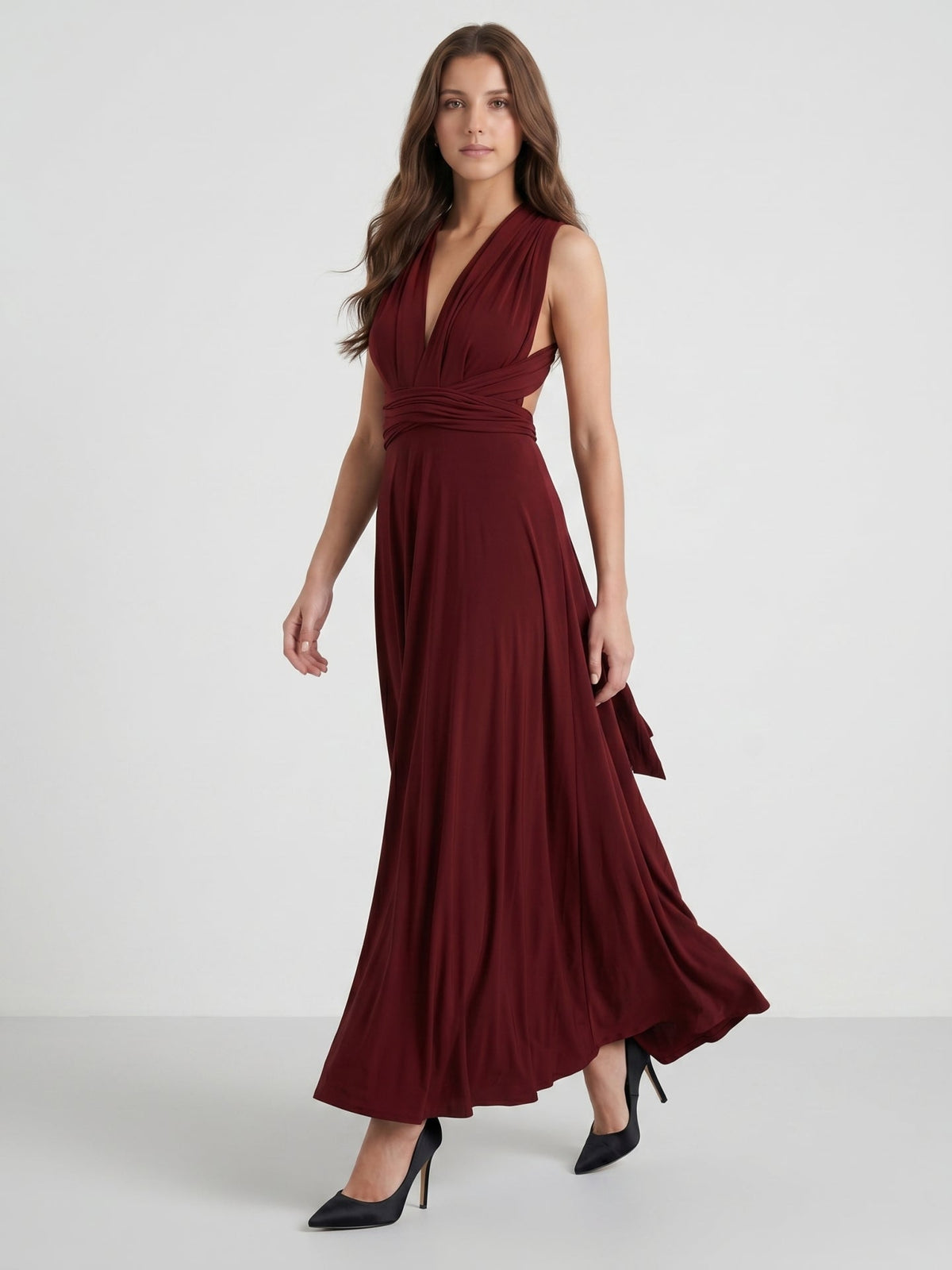 Burgundy Stretch Knit A-Line V-Neck Criss-Cross Straps Ankle Bridesmaid Dress with Pleats - Curvevia