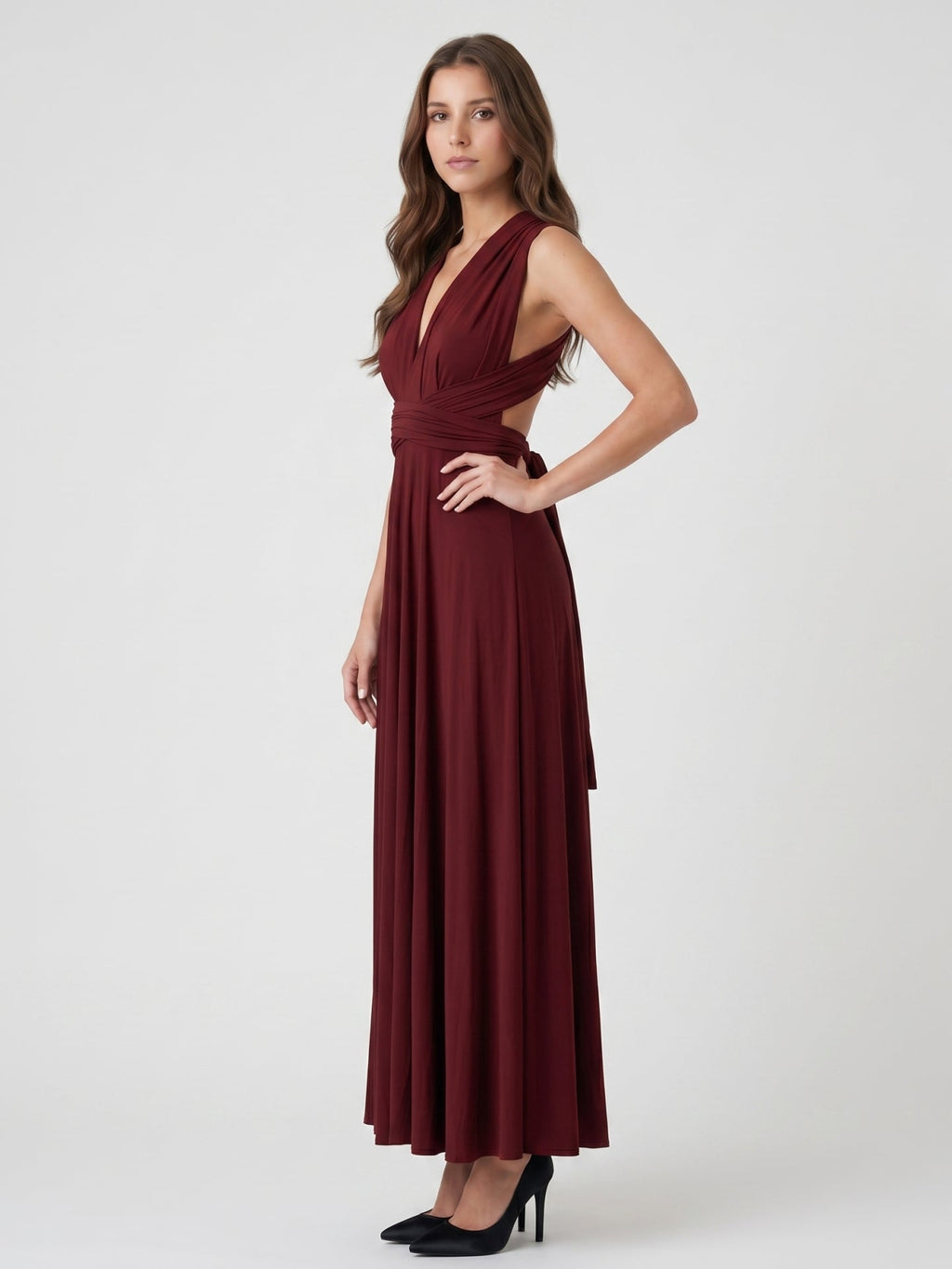 Burgundy Stretch Knit A-Line V-Neck Criss-Cross Straps Ankle Bridesmaid Dress with Pleats - Curvevia