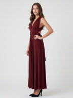 Burgundy Stretch Knit A-Line V-Neck Criss-Cross Straps Ankle Bridesmaid Dress with Pleats - Curvevia