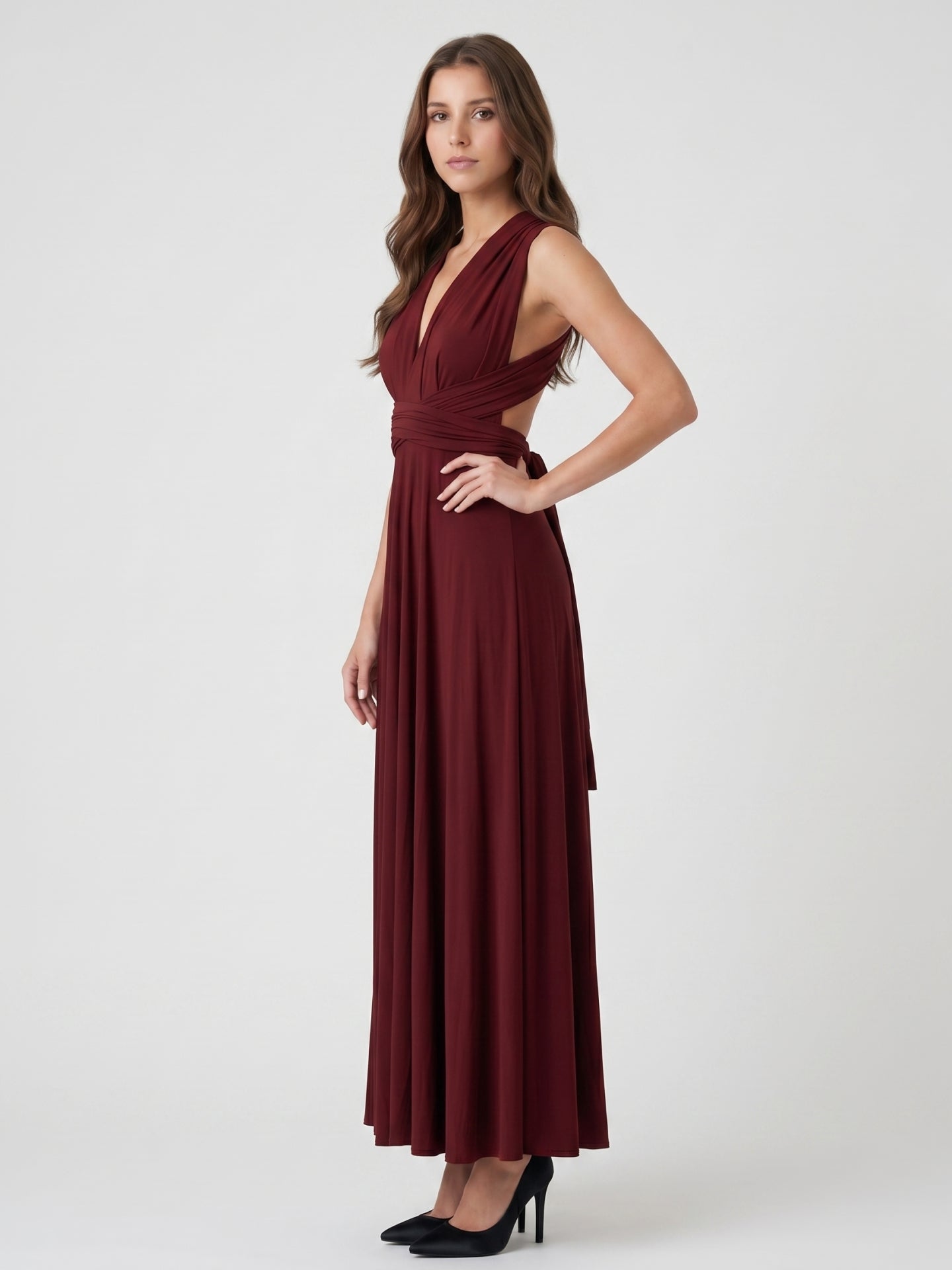 Burgundy Stretch Knit A-Line V-Neck Criss-Cross Straps Ankle Bridesmaid Dress with Pleats - Curvevia
