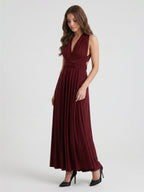 Burgundy Stretch Knit A-Line V-Neck Criss-Cross Straps Ankle Bridesmaid Dress with Pleats - Curvevia