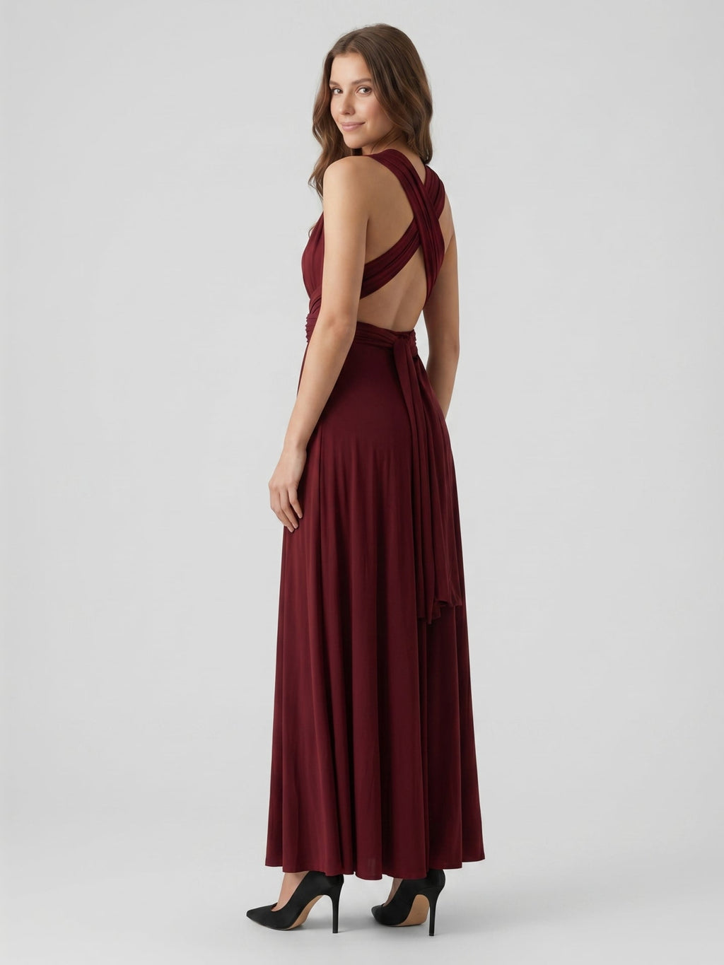 Burgundy Stretch Knit A-Line V-Neck Criss-Cross Straps Ankle Bridesmaid Dress with Pleats - Curvevia
