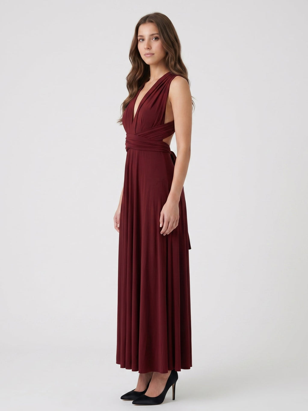 Burgundy Stretch Knit A-Line V-Neck Criss-Cross Straps Ankle Bridesmaid Dress with Pleats - Curvevia